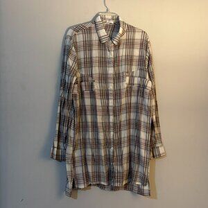 Lime Blue Women’s Brown & White Plaid Button-Up Shirt – Long Sleeve Size Medium